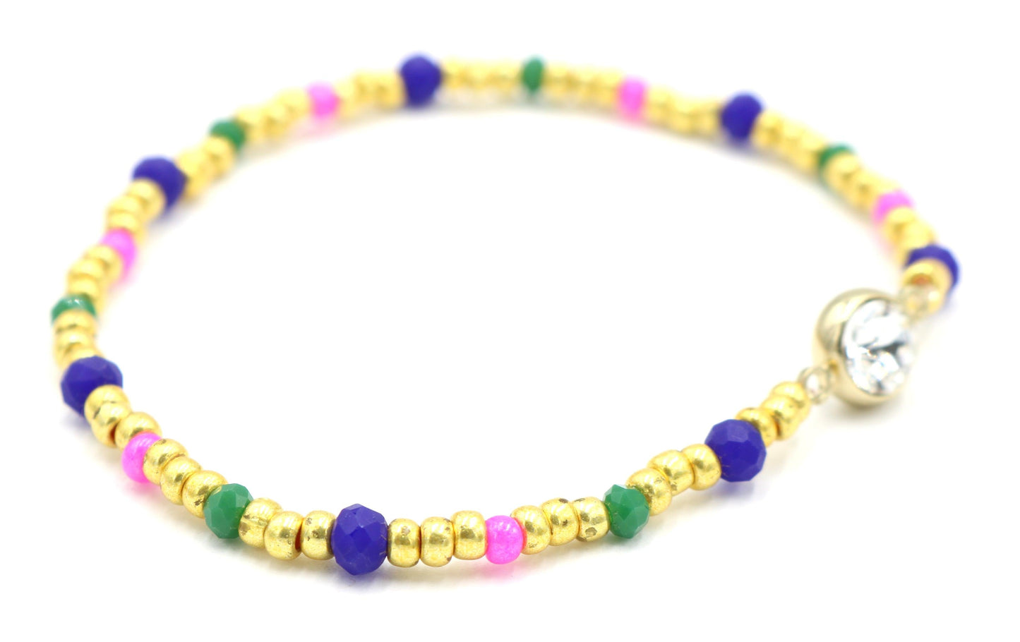 Luxury Yellow Gold Tone, Dark Blue, Hot Pink, and Green CZ Charm Glass Bead Women's Bracelet - Monkeysmojo