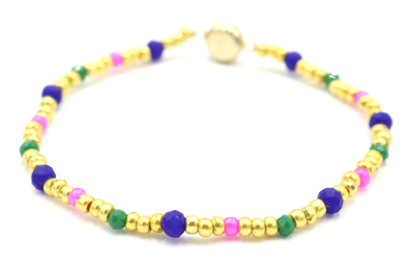 Luxury Yellow Gold Tone, Dark Blue, Hot Pink, and Green CZ Charm Glass Bead Women's Bracelet - Monkeysmojo