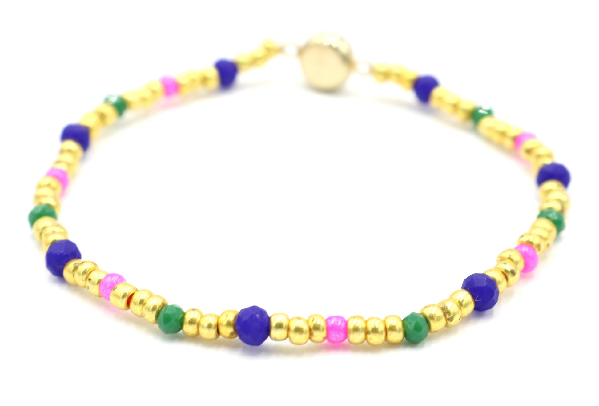 Luxury Yellow Gold Tone, Dark Blue, Hot Pink, and Green CZ Charm Glass Bead Women's Bracelet - Monkeysmojo
