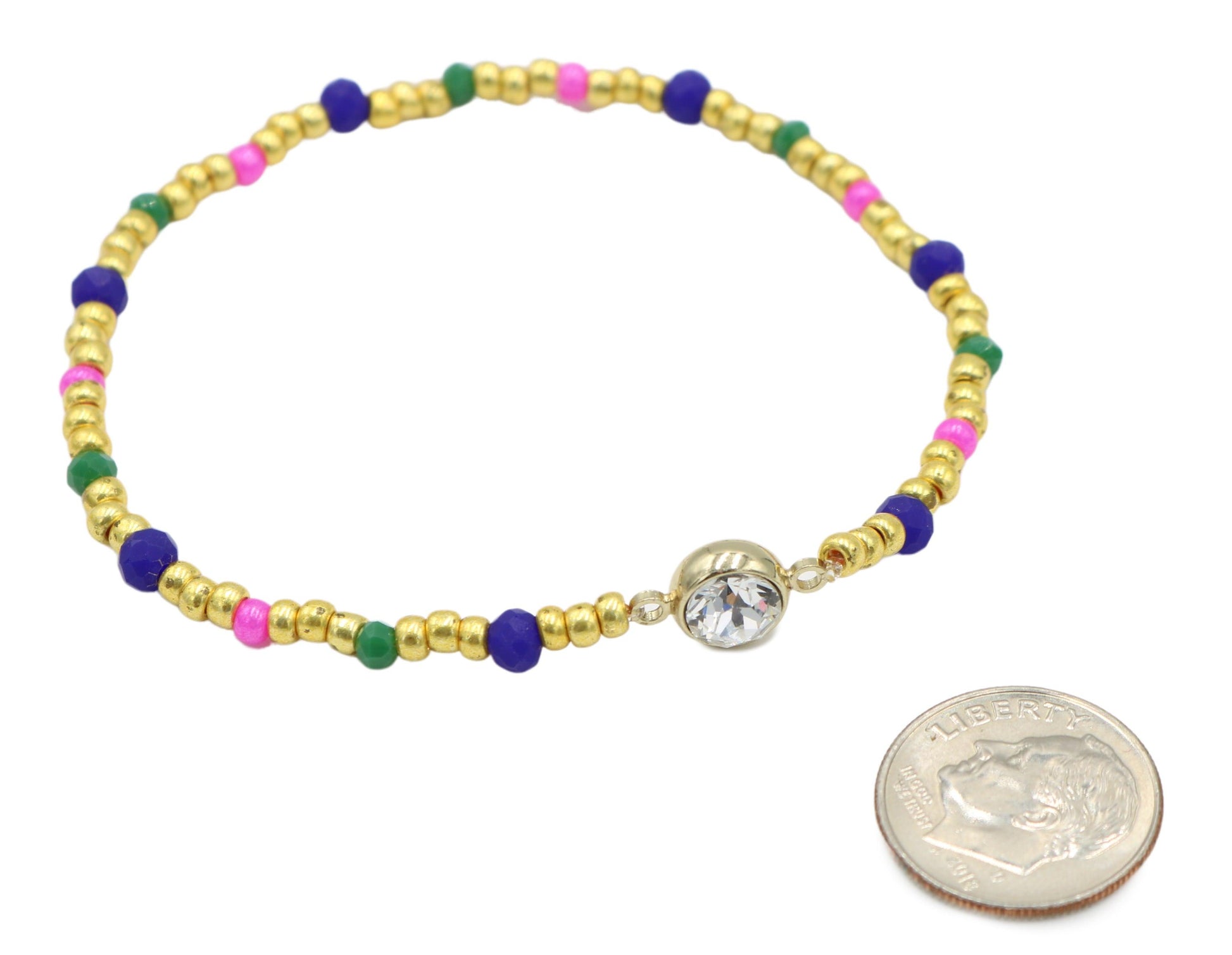 Luxury Yellow Gold Tone, Dark Blue, Hot Pink, and Green CZ Charm Glass Bead Women's Bracelet - Monkeysmojo