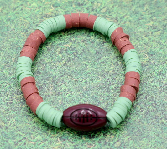 Youth Boy's American Football Themed Polymer Clay Trending Sports Themed Stretch Bracelet - Green and Brown - Monkeysmojo