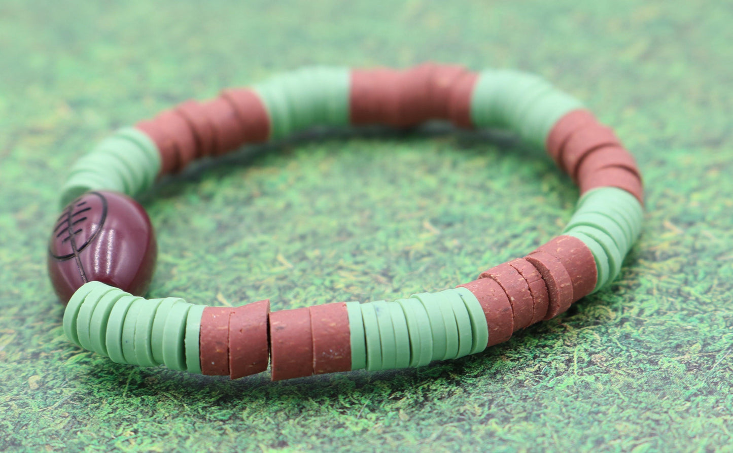 Youth Boy's American Football Themed Polymer Clay Trending Sports Themed Stretch Bracelet - Green and Brown - Monkeysmojo
