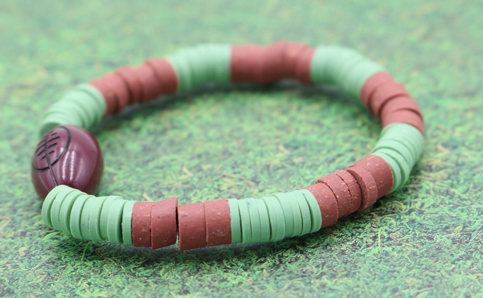 Youth Boy's American Football Themed Polymer Clay Trending Sports Themed Stretch Bracelet - Green and Brown - Monkeysmojo