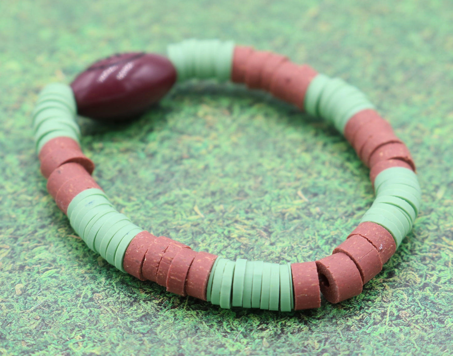 Youth Boy's American Football Themed Polymer Clay Trending Sports Themed Stretch Bracelet - Green and Brown - Monkeysmojo