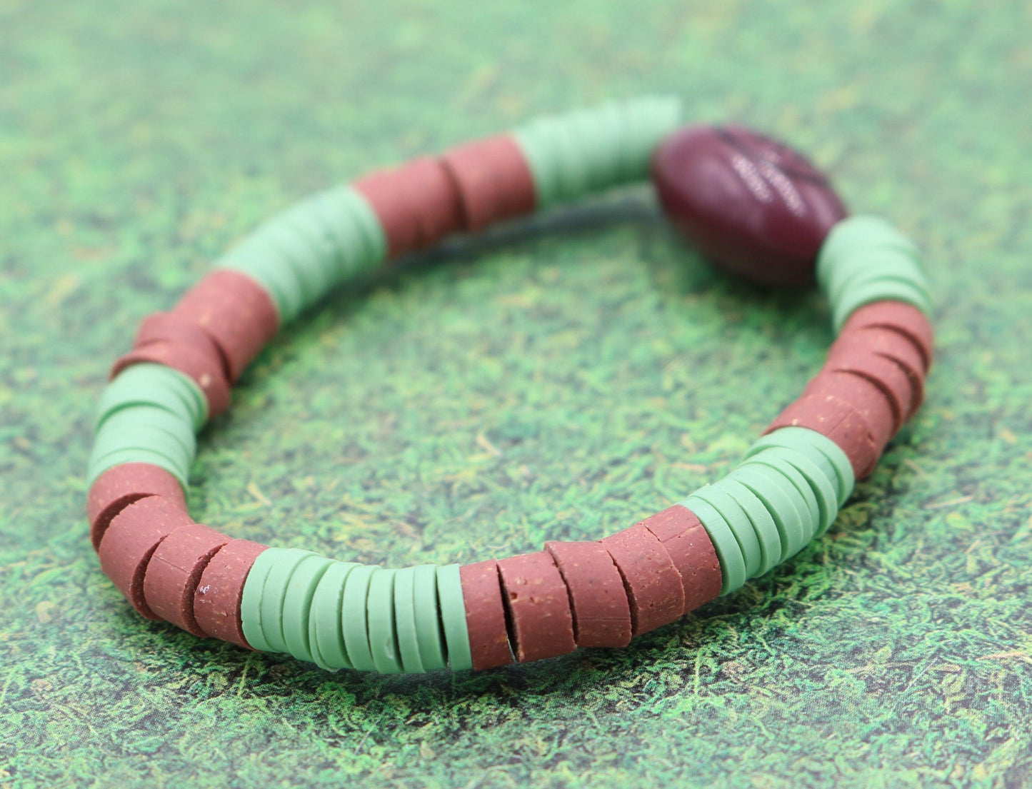 Youth Boy's American Football Themed Polymer Clay Trending Sports Themed Stretch Bracelet - Green and Brown - Monkeysmojo