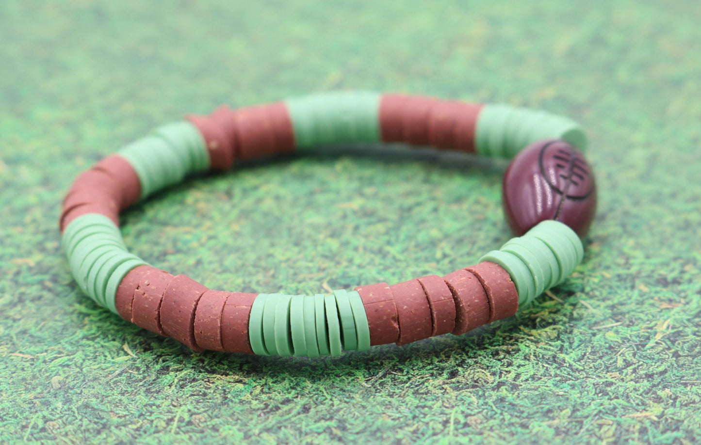 Youth Boy's American Football Themed Polymer Clay Trending Sports Themed Stretch Bracelet - Green and Brown - Monkeysmojo
