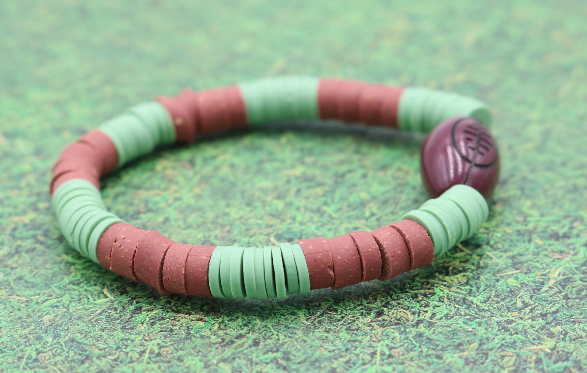 Youth Boy's American Football Themed Polymer Clay Trending Sports Themed Stretch Bracelet - Green and Brown - Monkeysmojo