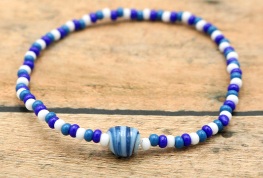 Ocean Swirl - Dark Blue, Blue, and White - Nautical Fun Women's Glass Stretch Bracelet - Monkeysmojo