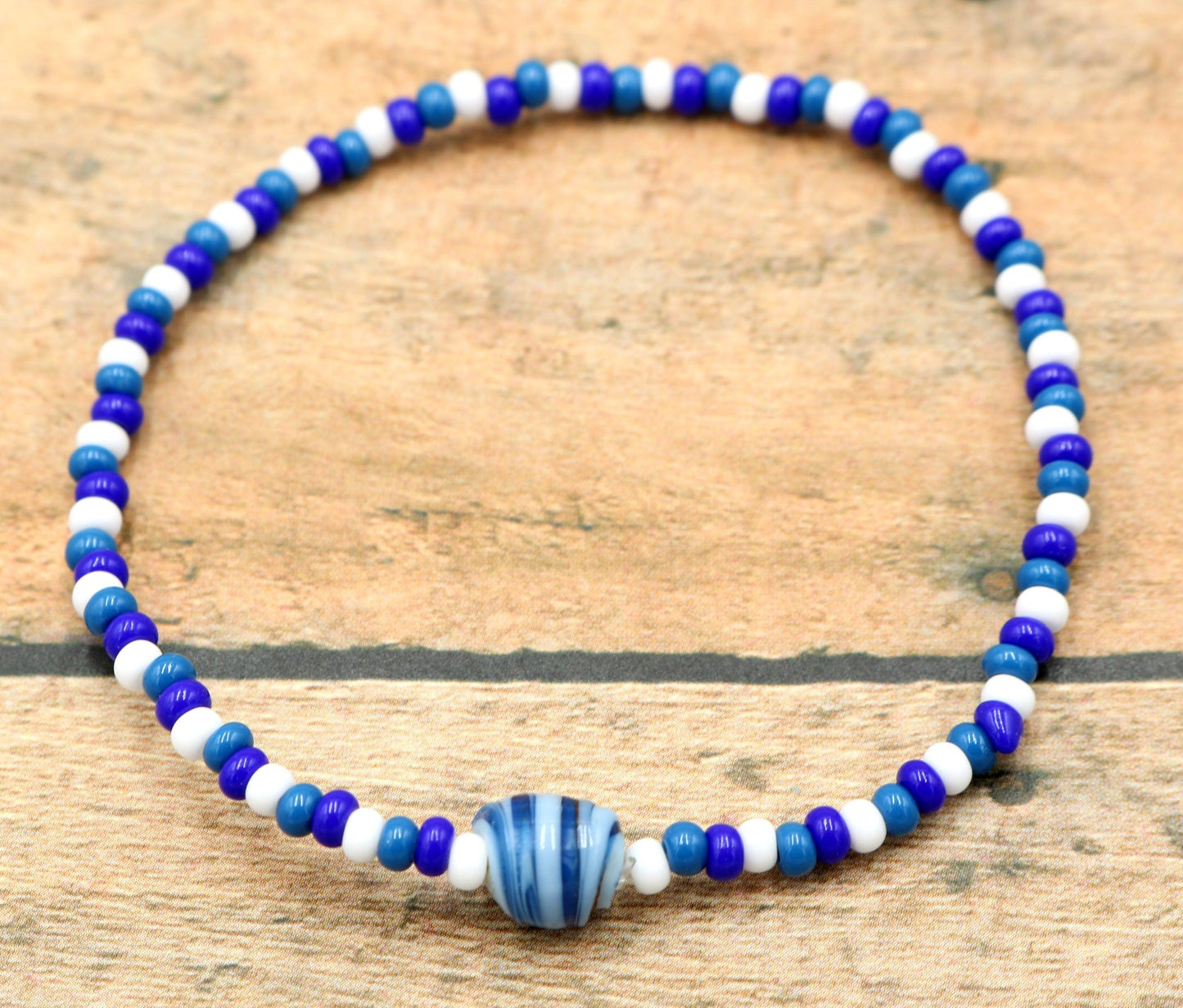 Ocean Swirl - Dark Blue, Blue, and White - Nautical Fun Women's Glass Stretch Bracelet - Monkeysmojo