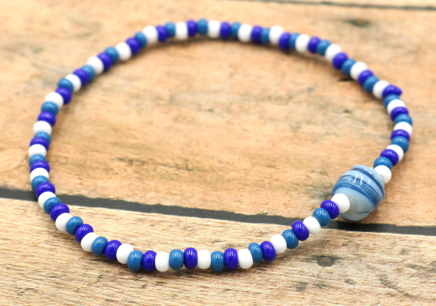 Ocean Swirl - Dark Blue, Blue, and White - Nautical Fun Women's Glass Stretch Bracelet - Monkeysmojo
