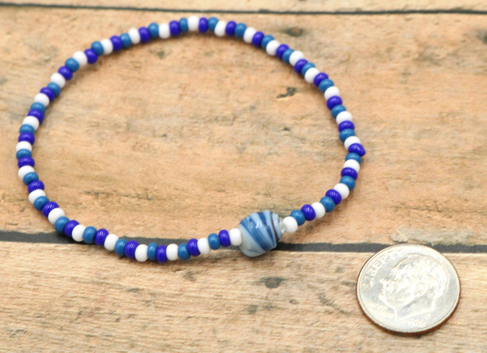 Ocean Swirl - Dark Blue, Blue, and White - Nautical Fun Women's Glass Stretch Bracelet - Monkeysmojo