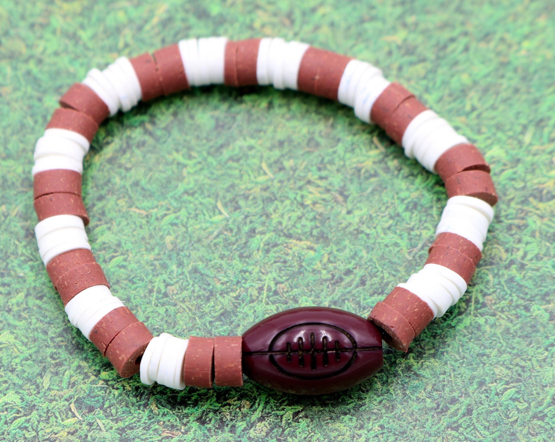Youth Boy's American Football Themed Polymer Clay Trending Sports Themed Stretch Bracelet - Brown and White - Monkeysmojo