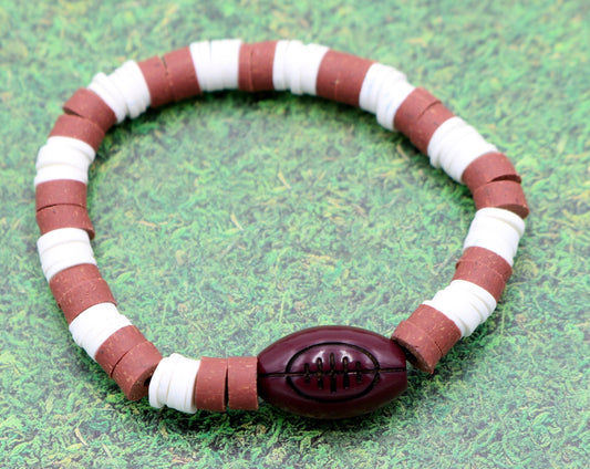 Youth Boy's American Football Themed Polymer Clay Trending Sports Themed Stretch Bracelet - Brown and White - Monkeysmojo