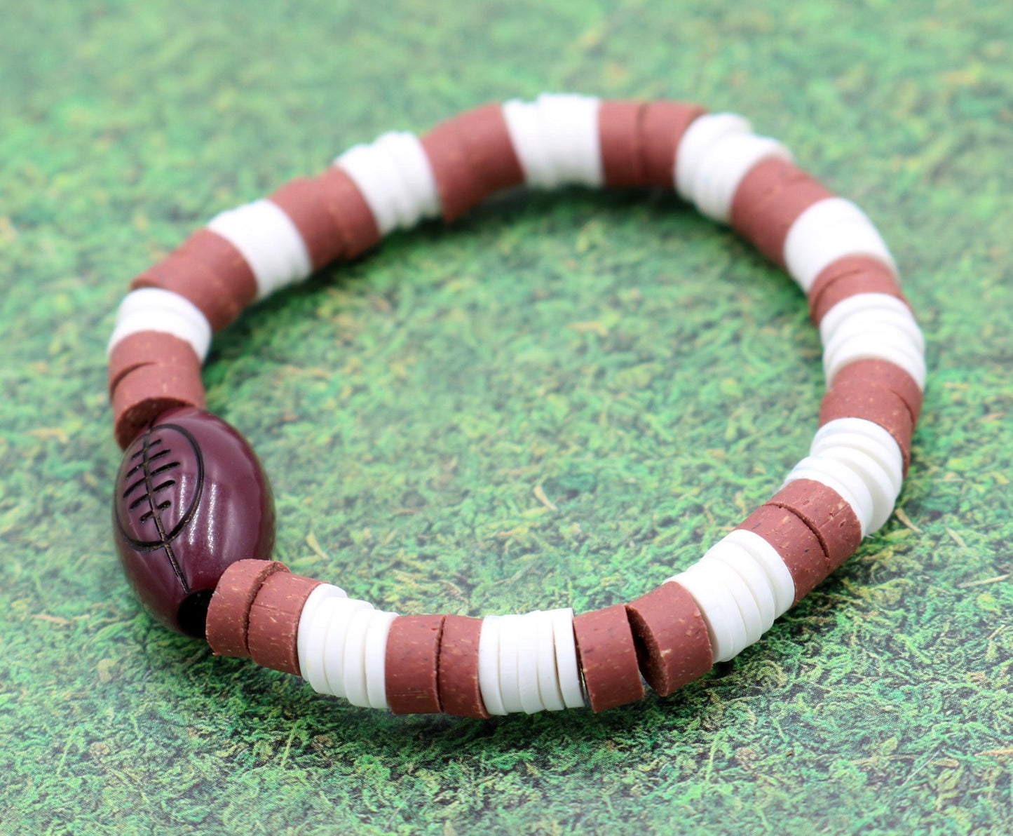 Youth Boy's American Football Themed Polymer Clay Trending Sports Themed Stretch Bracelet - Brown and White - Monkeysmojo