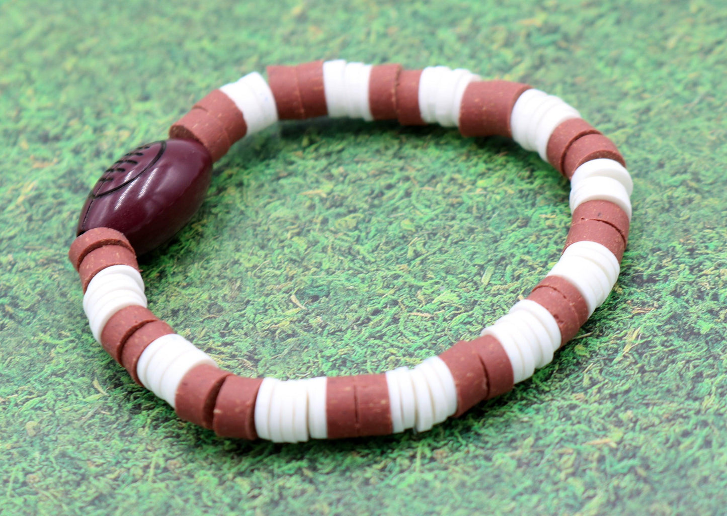 Youth Boy's American Football Themed Polymer Clay Trending Sports Themed Stretch Bracelet - Brown and White - Monkeysmojo