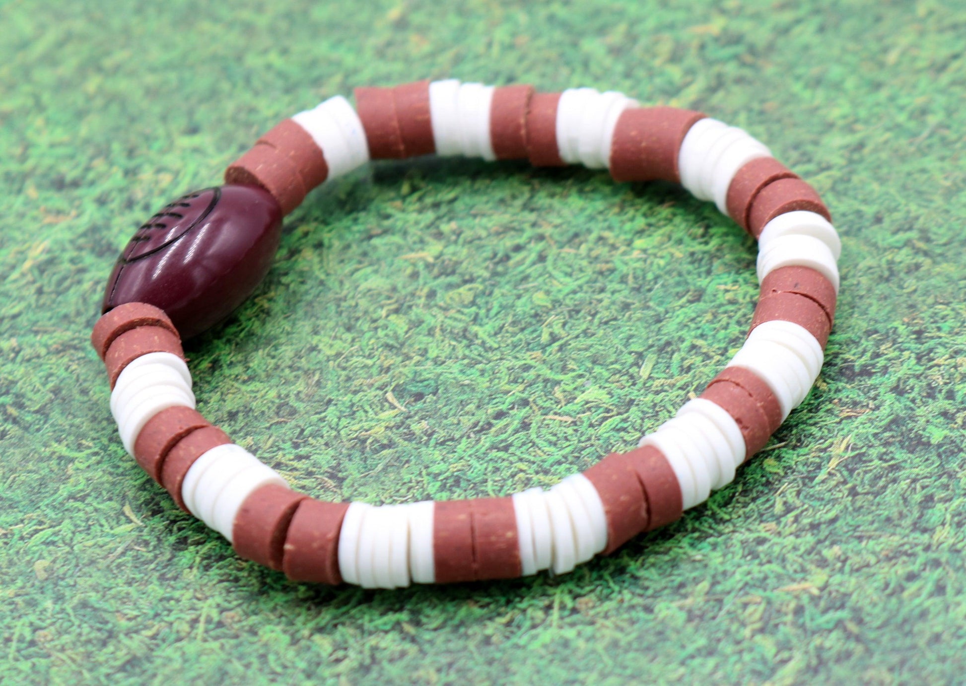 Youth Boy's American Football Themed Polymer Clay Trending Sports Themed Stretch Bracelet - Brown and White - Monkeysmojo