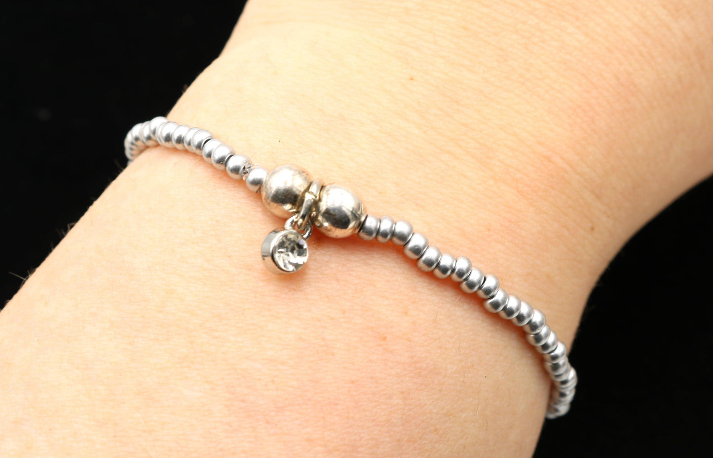 Shine On You Silver Baby CZ Sparkle Charm with Metallic Silver Glass Beads Bracelet - Monkeysmojo