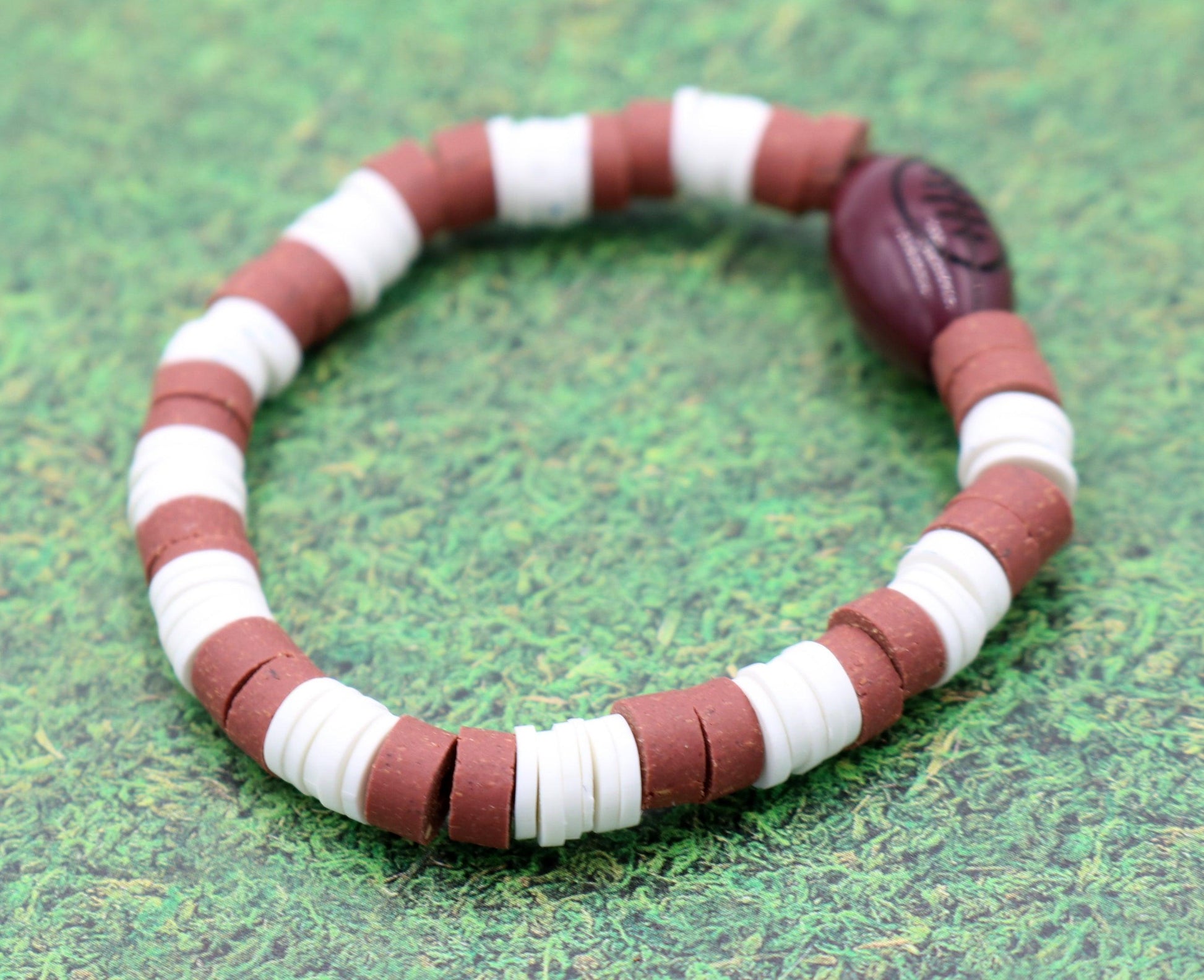 Youth Boy's American Football Themed Polymer Clay Trending Sports Themed Stretch Bracelet - Brown and White - Monkeysmojo