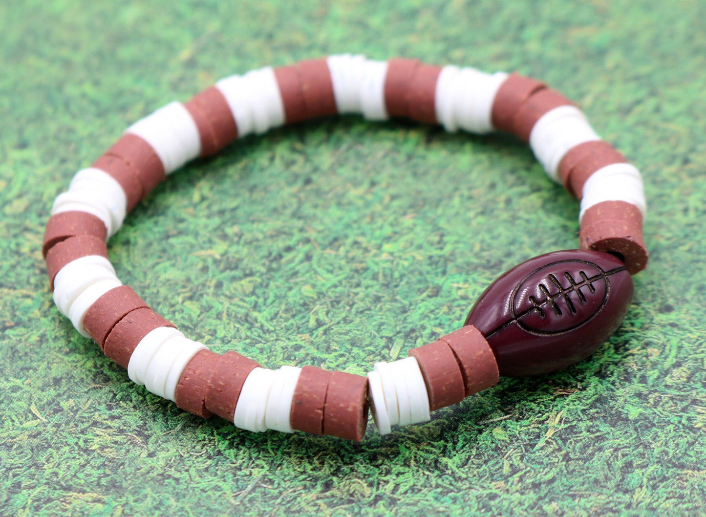Youth Boy's American Football Themed Polymer Clay Trending Sports Themed Stretch Bracelet - Brown and White - Monkeysmojo