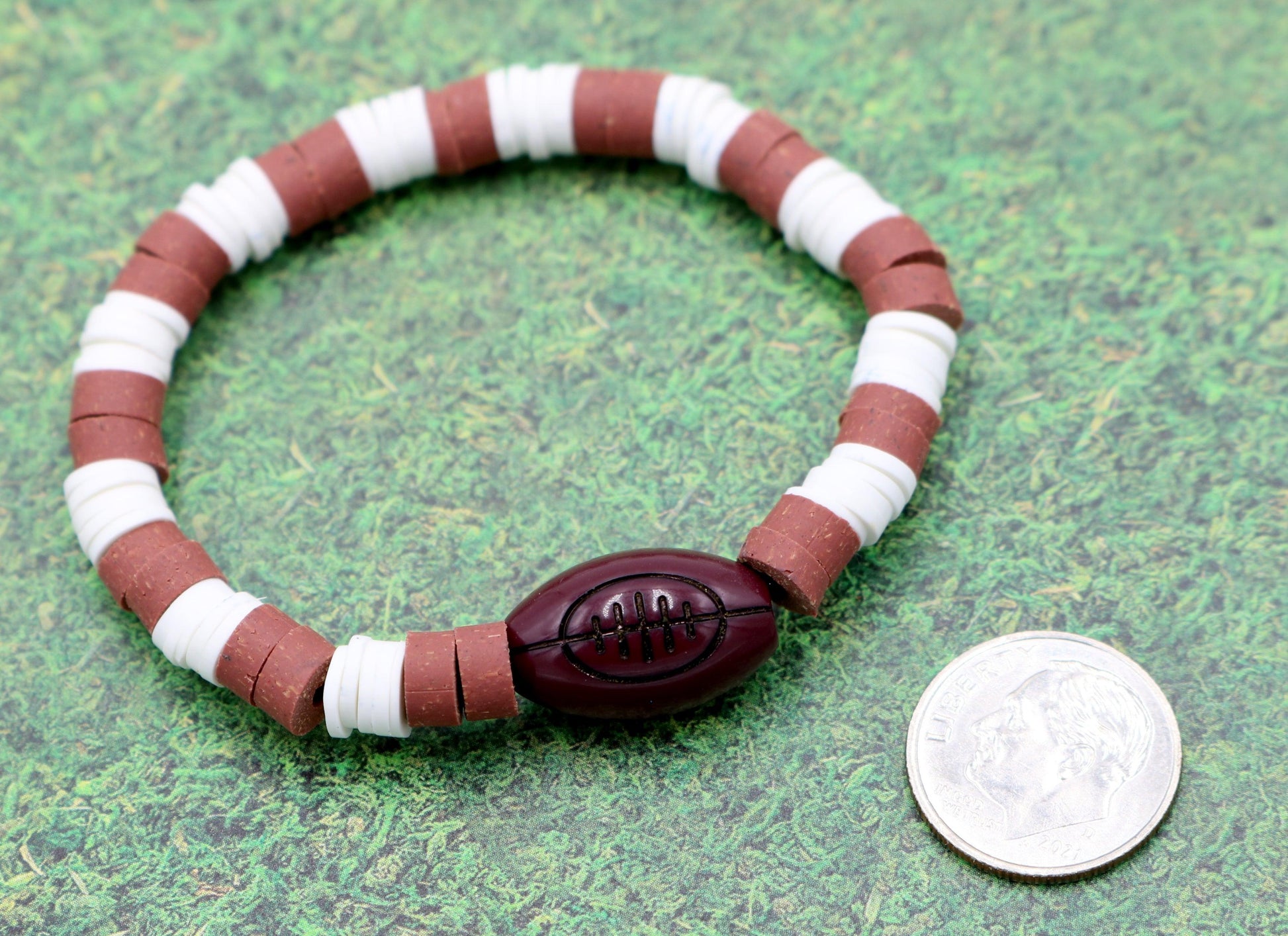 Youth Boy's American Football Themed Polymer Clay Trending Sports Themed Stretch Bracelet - Brown and White - Monkeysmojo