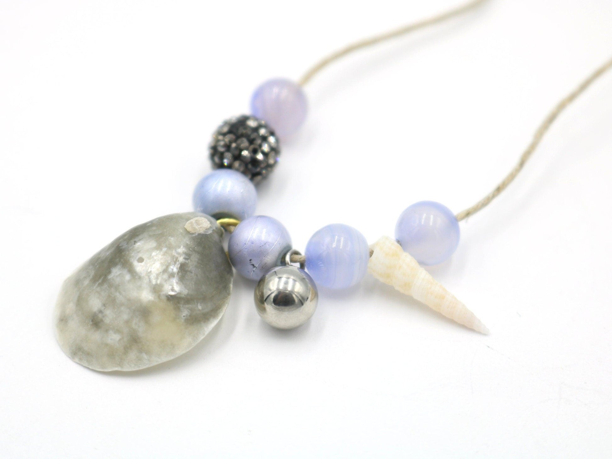 Unique One of a Kind Handmade Nautical Ocean Inspired Jingle Shell Florida Twine Necklace with Glass Beads and Charm - Recycled 20" - Monkeysmojo
