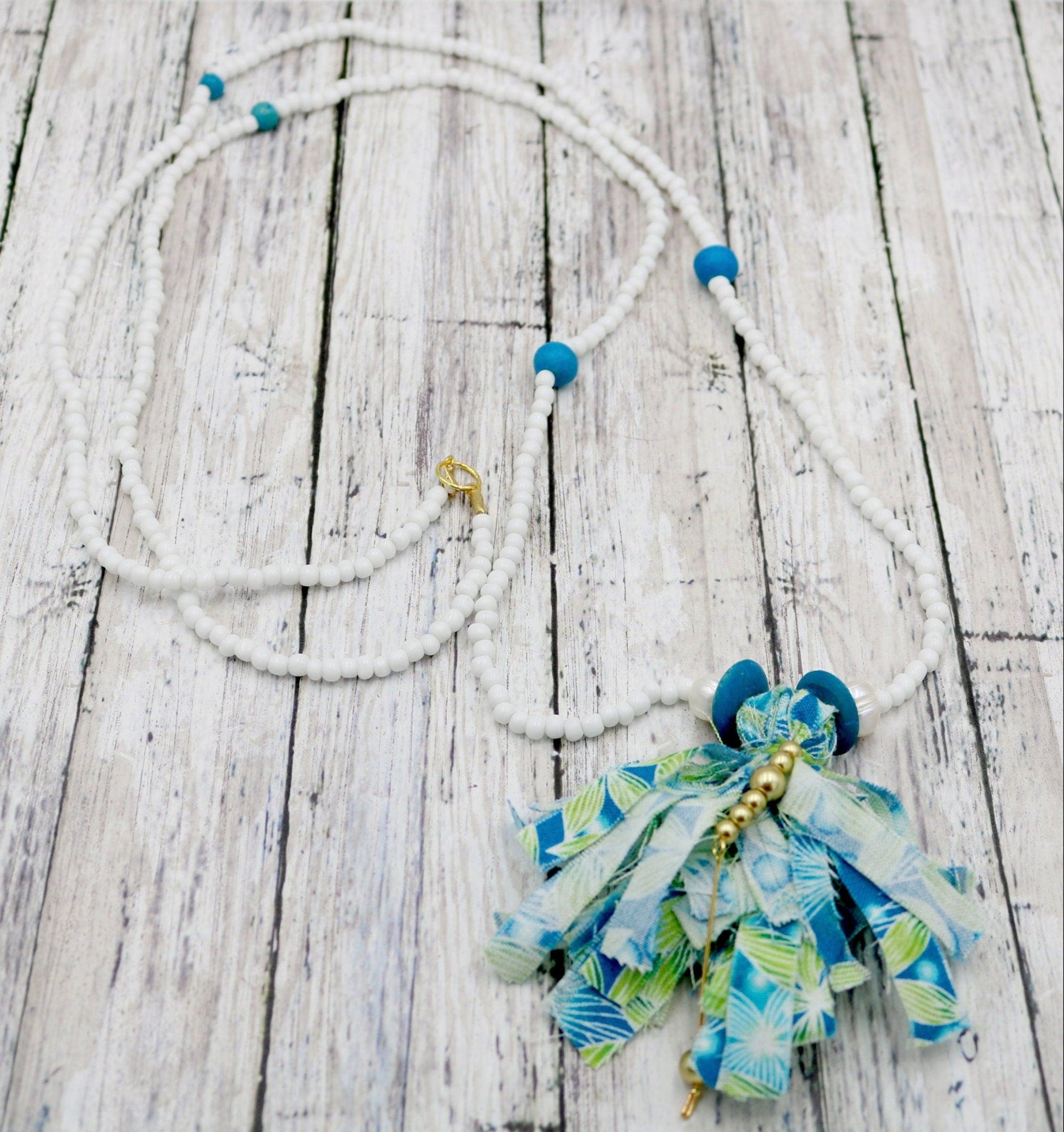 Unique One-of-a-Kind Avant Garde Abstract Inspired Fabric Tassel Elephant Over-Head Necklace with Glass Beads 42" Total Length Handmade - Monkeysmojo