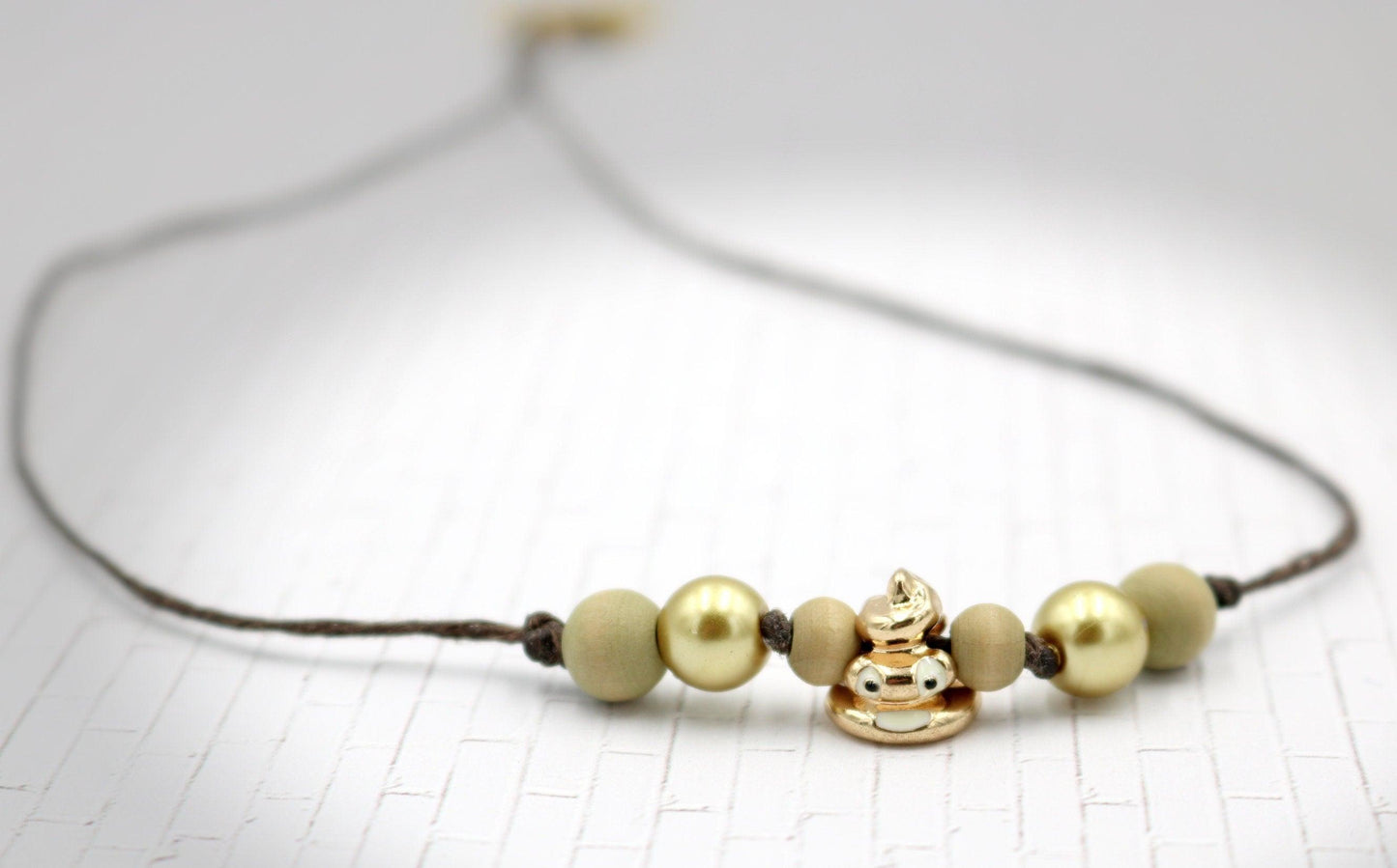 Women's Girls 18K Yellow Gold Plated Poop Emoji Charm Necklace with Wooden and Glass Beads Leather Yellow Gold Toned Hardware 19" Necklace - Monkeysmojo