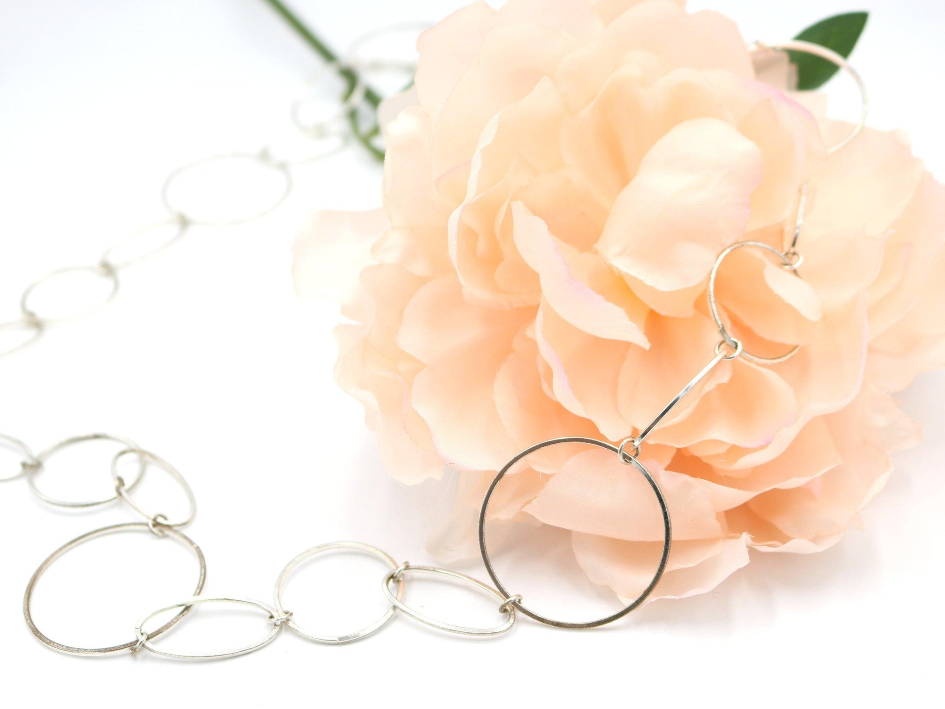 Retro Inspired 2000s Silver Tone Mixed Metals 35-38" Long Adjustable Silver Circles Statement Costume Necklace - Monkeysmojo