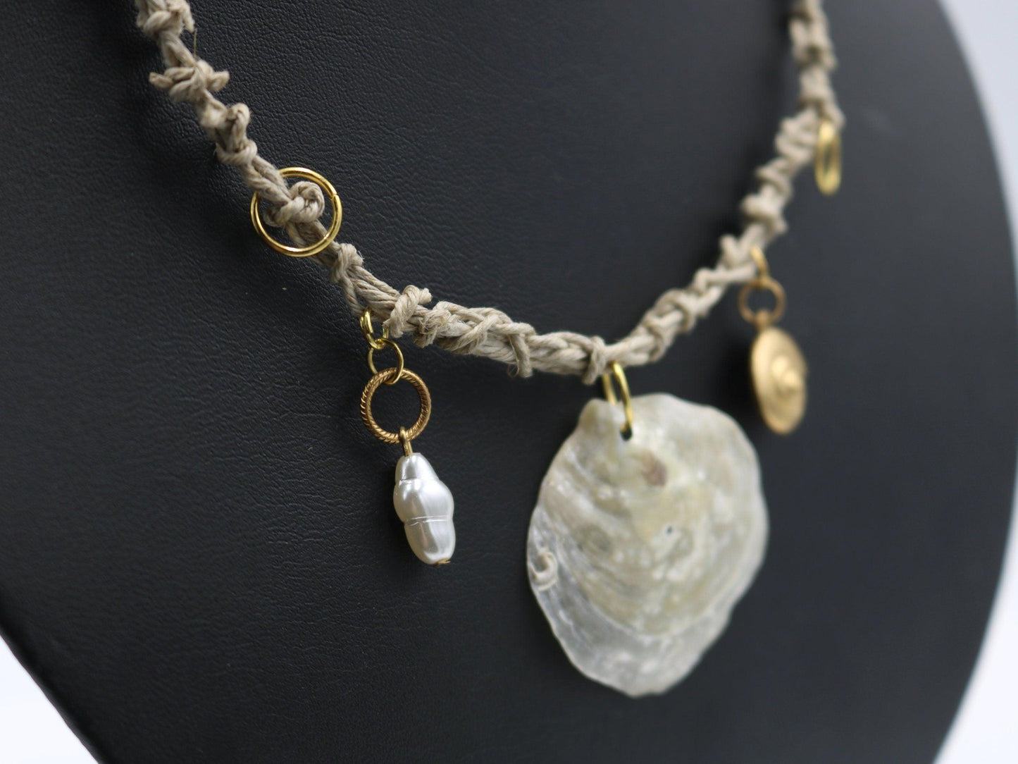 Unique One of a Kind Handmade Nautical Ocean Necklace Ship Wrecked Inspired Jingle Shell Florida Twine Necklace with Yellow Gold Toned Charm - Monkeysmojo