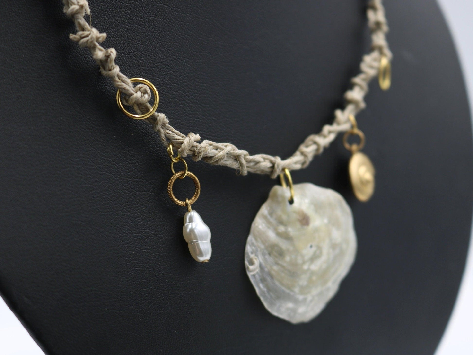 Unique One of a Kind Handmade Nautical Ocean Necklace Ship Wrecked Inspired Jingle Shell Florida Twine Necklace with Yellow Gold Toned Charm - Monkeysmojo