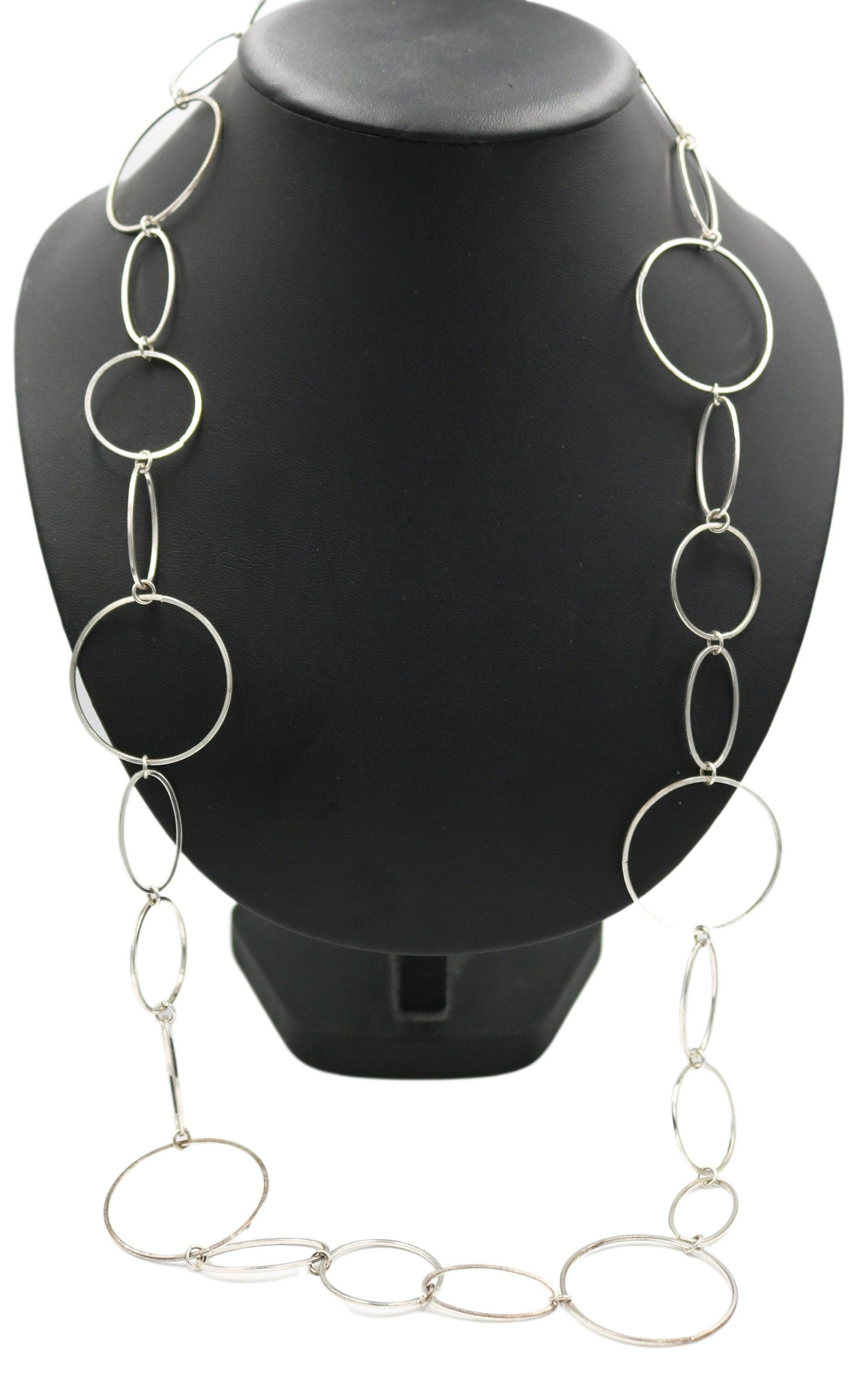 Retro Inspired 2000s Silver Tone Mixed Metals 35-38" Long Adjustable Silver Circles Statement Costume Necklace - Monkeysmojo