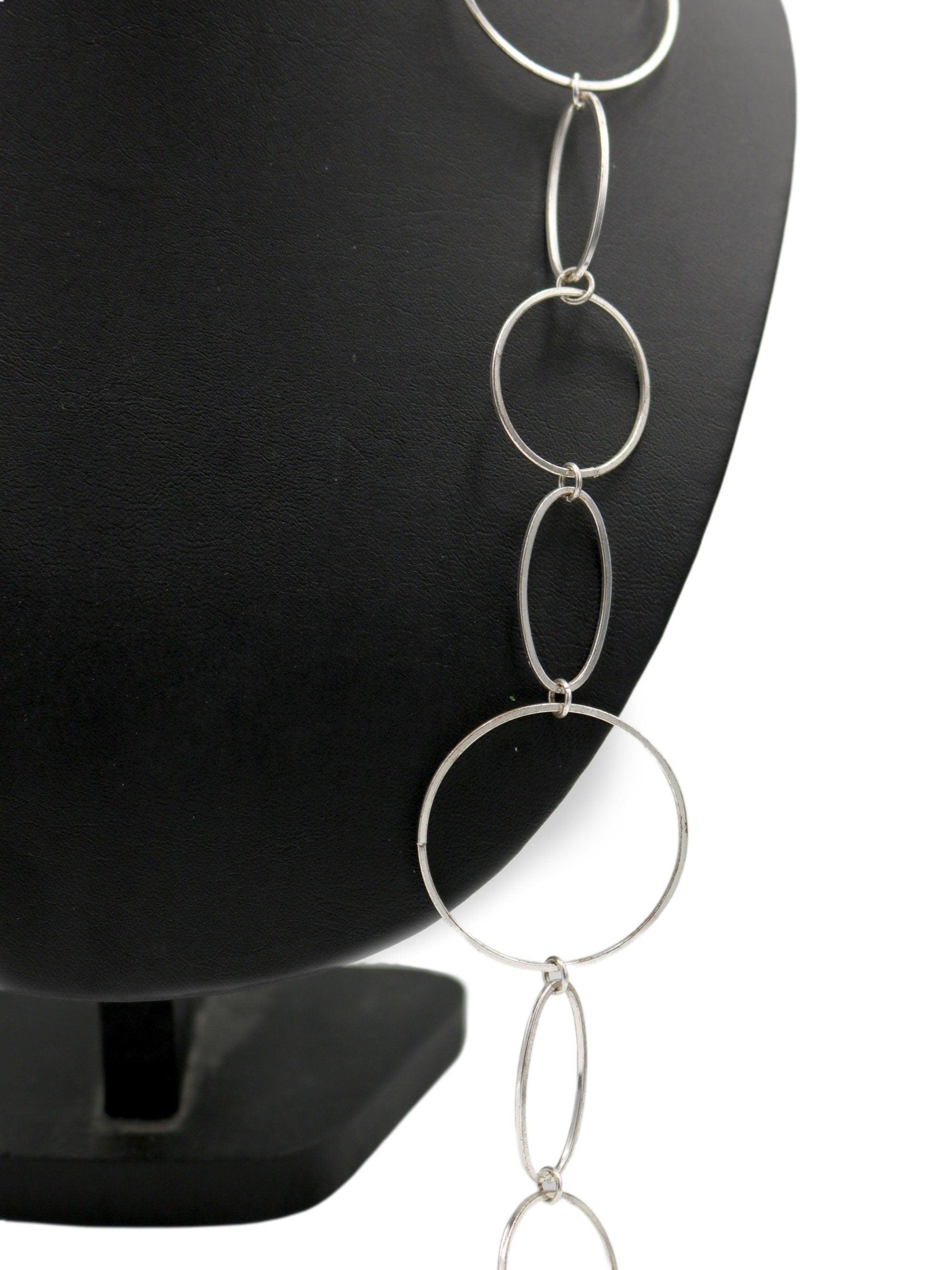 Retro Inspired 2000s Silver Tone Mixed Metals 35-38" Long Adjustable Silver Circles Statement Costume Necklace - Monkeysmojo