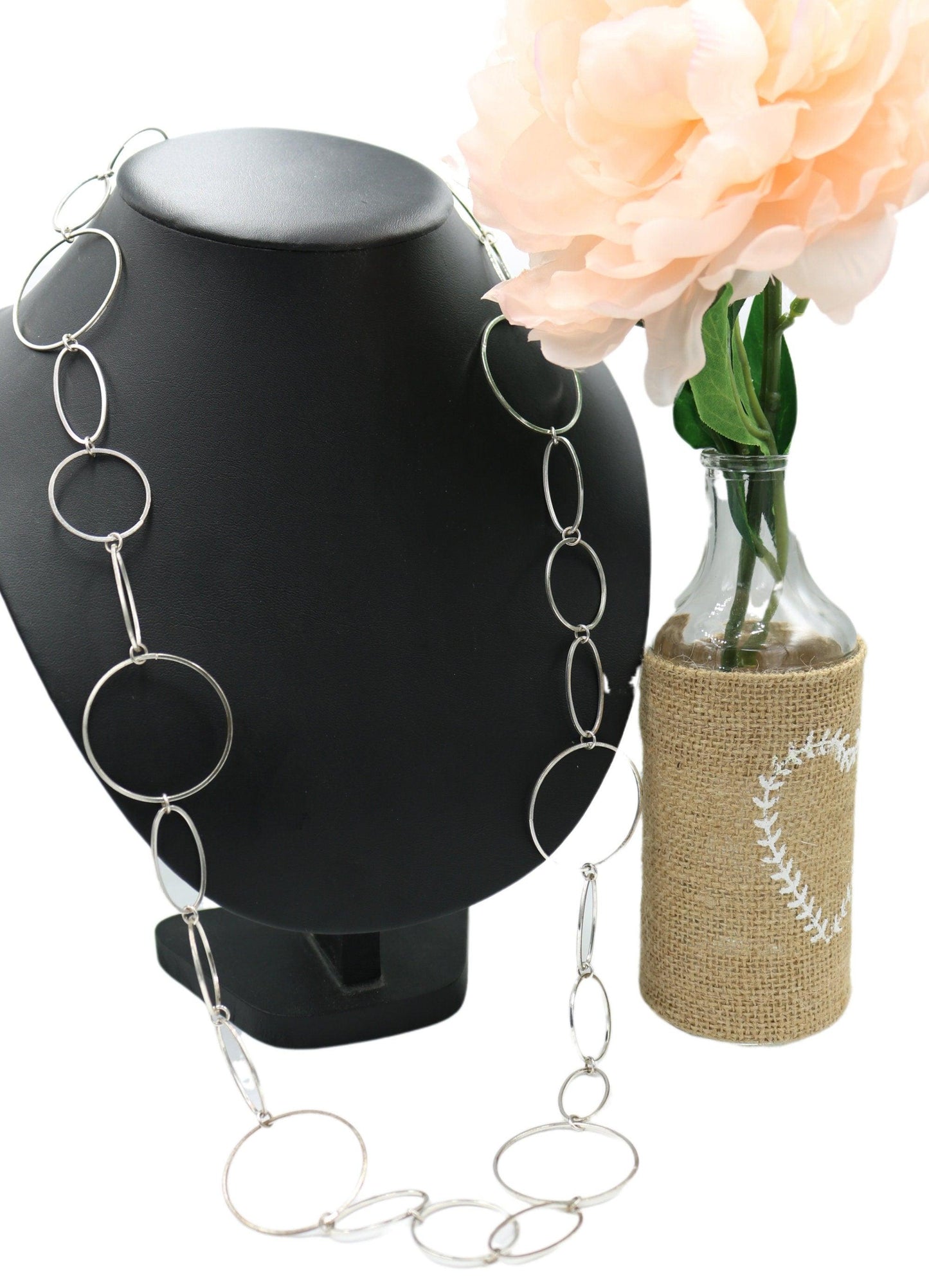 Retro Inspired 2000s Silver Tone Mixed Metals 35-38" Long Adjustable Silver Circles Statement Costume Necklace - Monkeysmojo