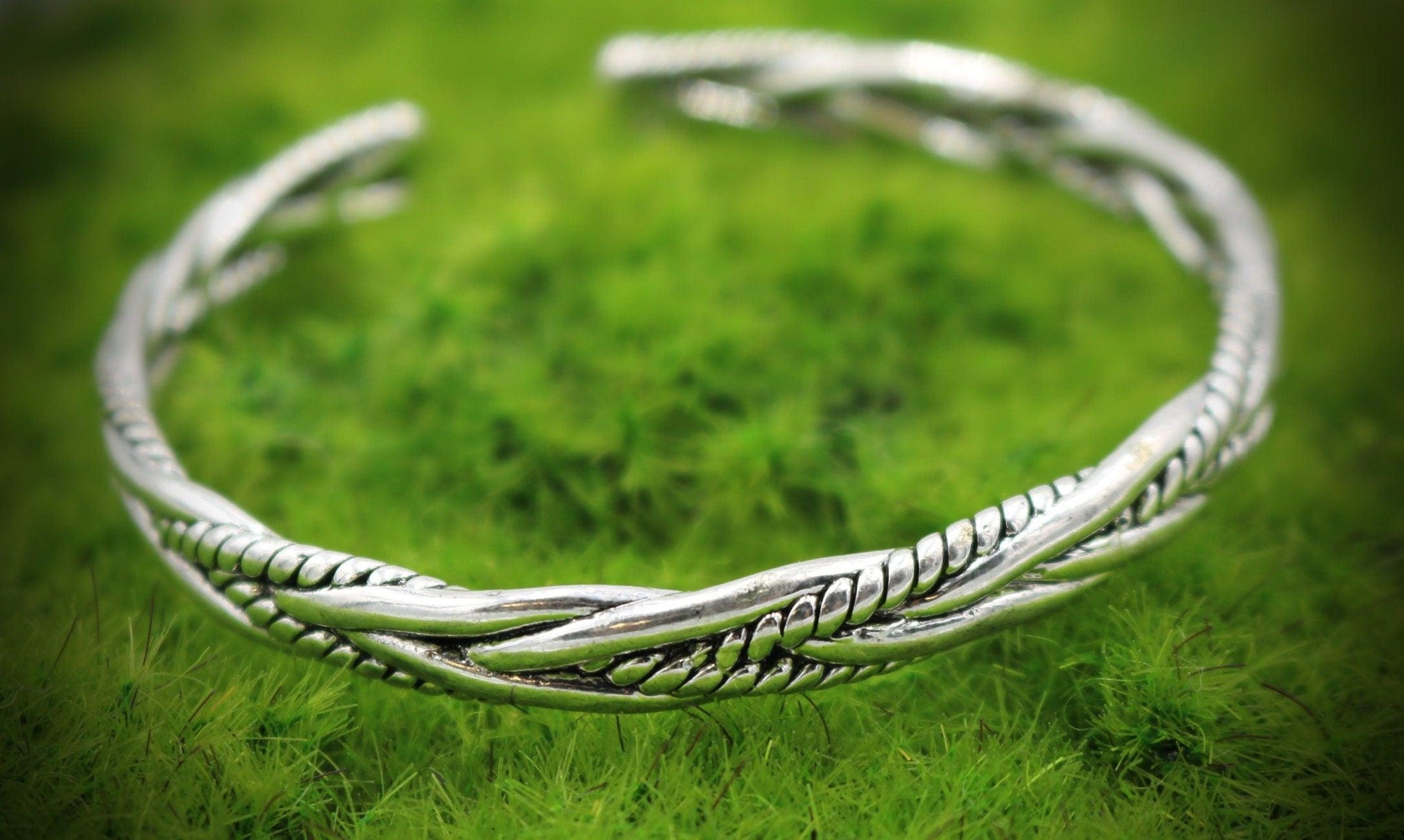 Men's Sterling Silver Toned Woven Style Bracelet Cuff - Great Gift for Men - Stunning Quality Themed Viking Norse Antiqued Style - Monkeysmojo