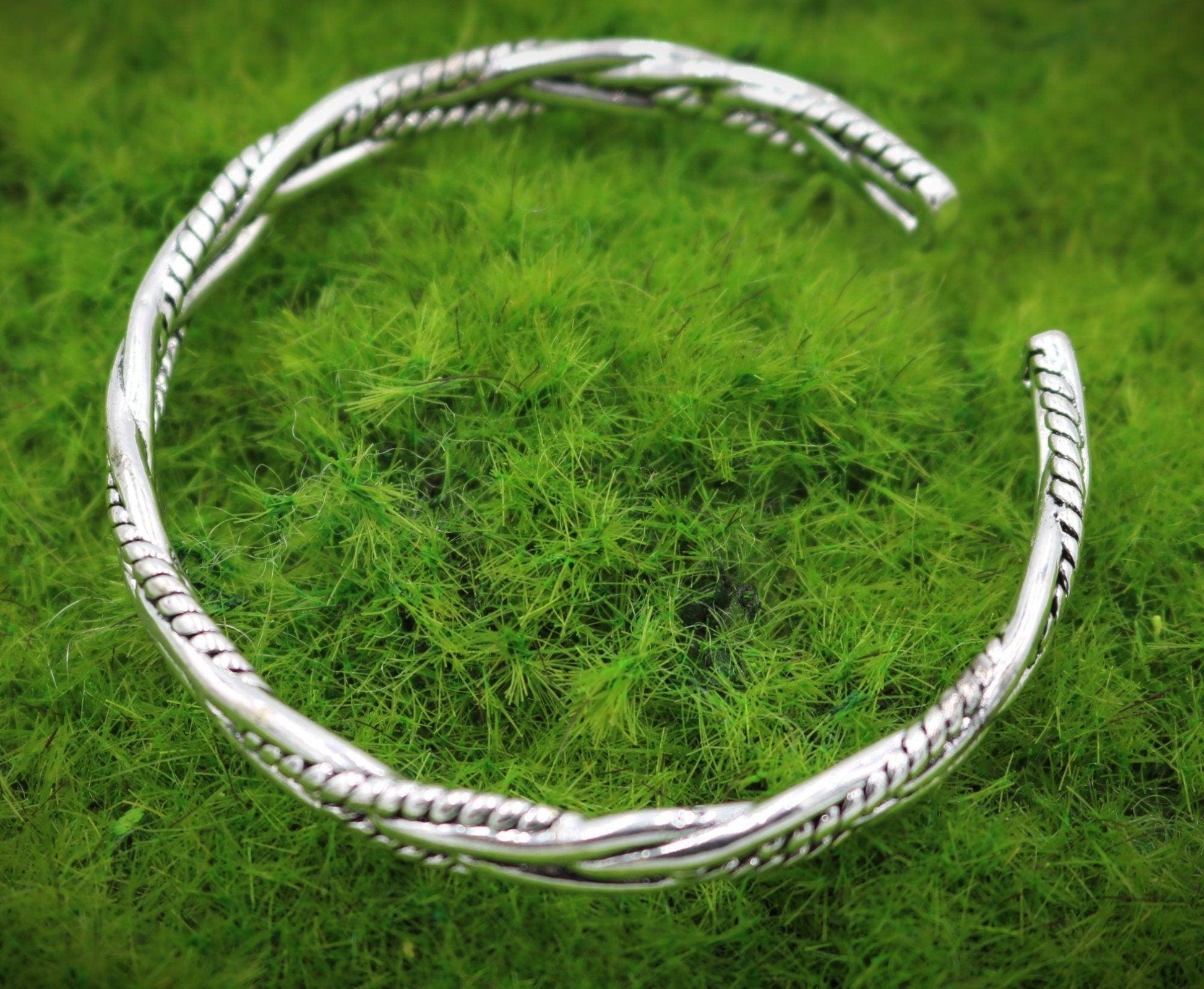 Men's Sterling Silver Toned Woven Style Bracelet Cuff - Great Gift for Men - Stunning Quality Themed Viking Norse Antiqued Style - Monkeysmojo