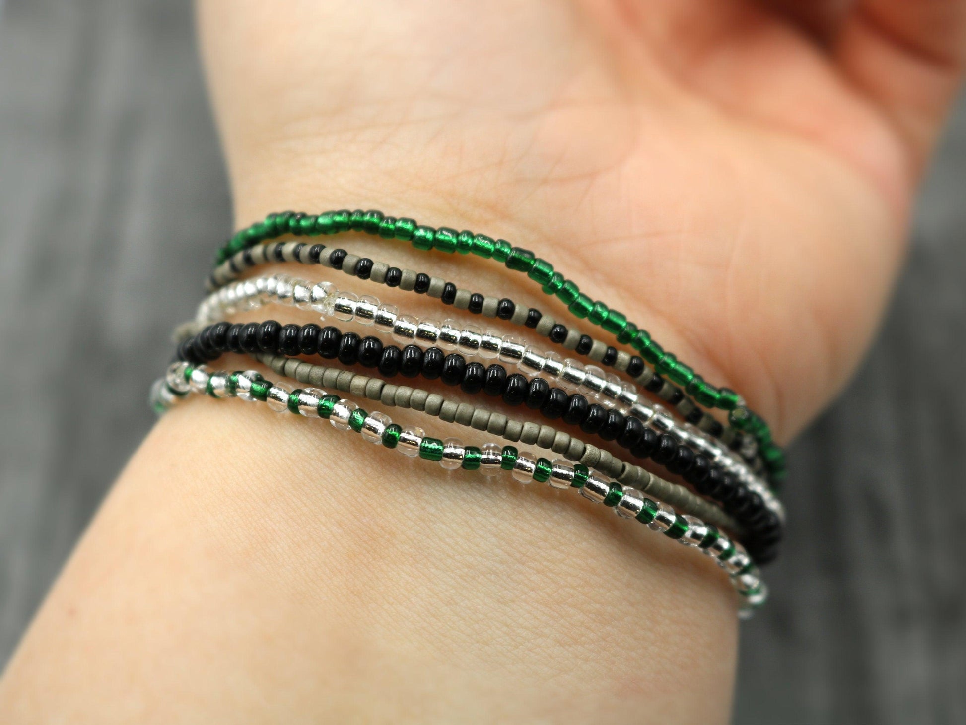 Slither and Slide with this Slytherin Inspired 6 Stretch Boho Bracelet Set – Silver, Black, Green and Grey – Women’s Bracelets Fantasy - Monkeysmojo