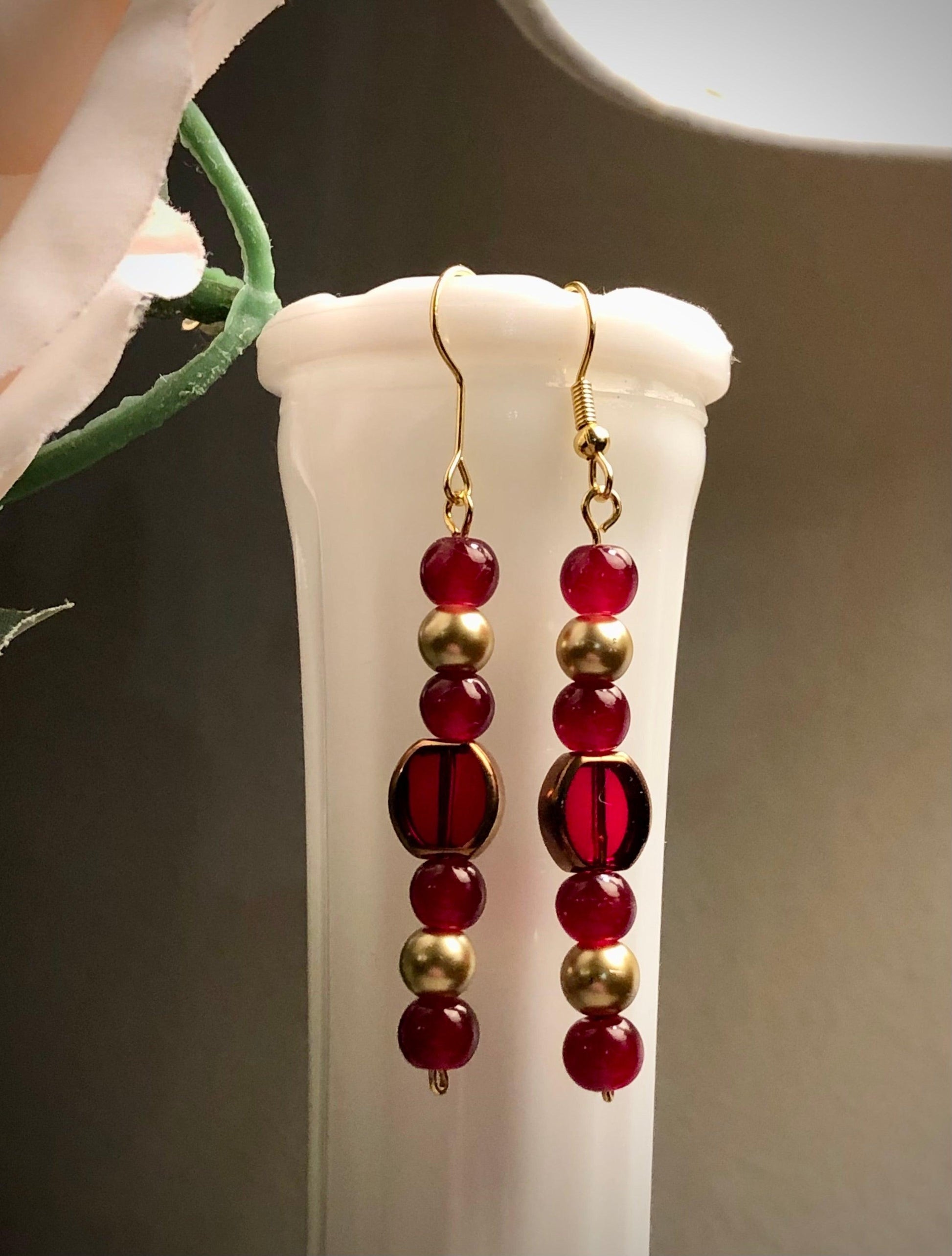 Art Deco Inspired Vivid Red and Yellow Gold Tined Glads Beads 1 7/8” Long Dangle Earrings Women’s Gift 2022 - Monkeysmojo