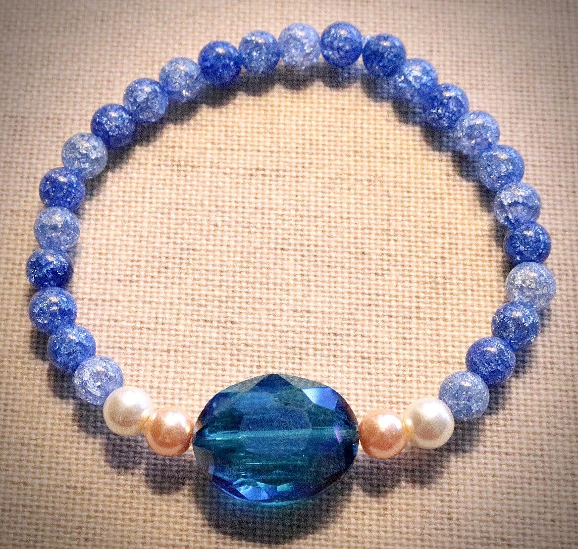 Beautiful Women’s Cracked Blue Quartz with Glass Deep Rich Blue Faceted Cut Glass Gemstone with Two Tone Glass Pearls - Monkeysmojo