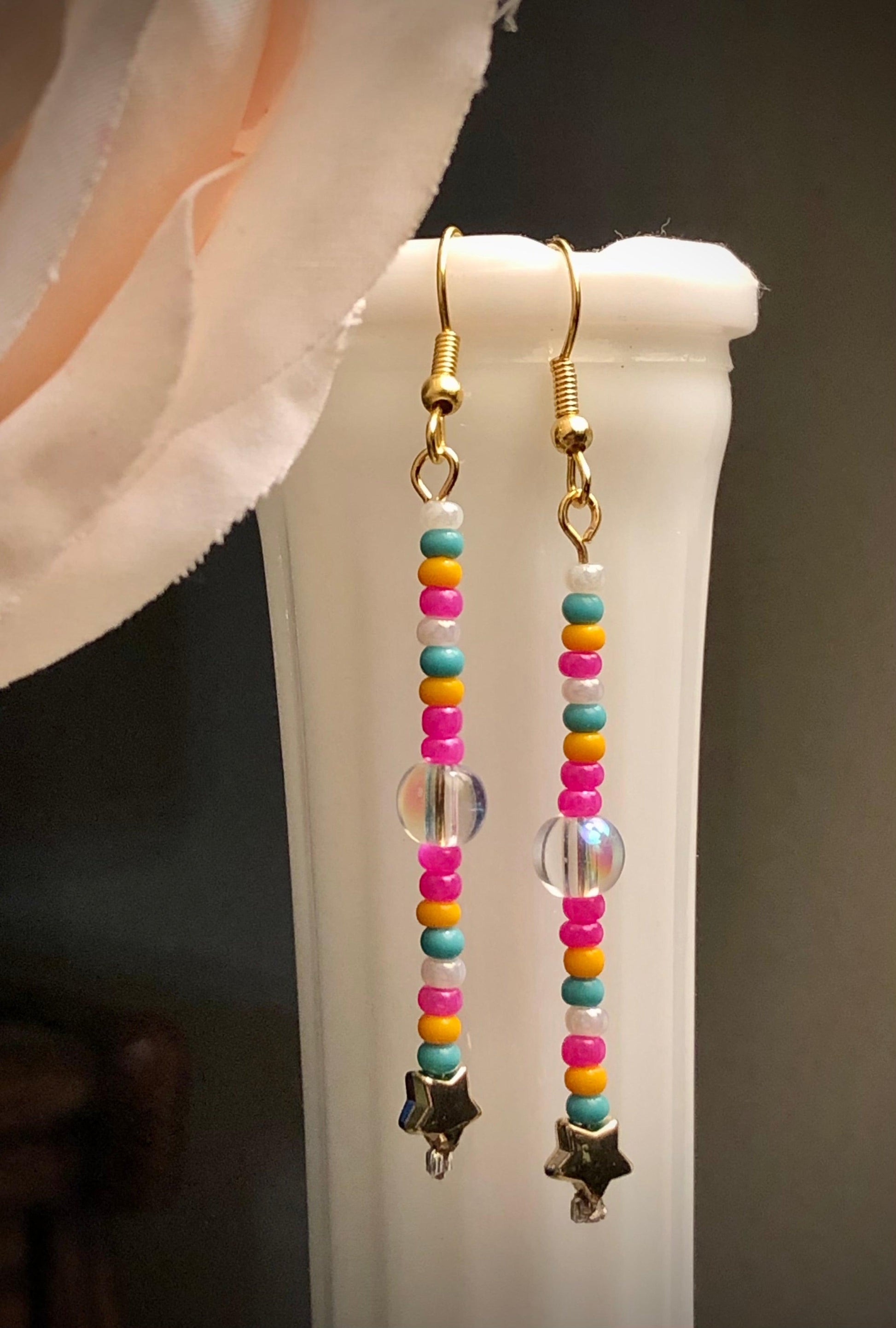 Fun Forces of the Universe Star Power Pink and Gold Blue Glass 2” Long Dangle Earrings Women’s Gift 2022 - Monkeysmojo